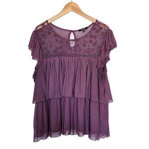 Willow Tiered Ruffle Blouse Purple Embroidery Floral Lace Top Size 3X Boho Fairy